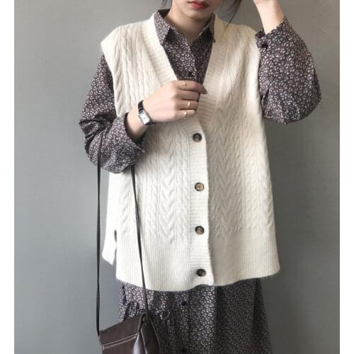 Sweater Vest 2020 Autumn Women Sleeveless Jumper Preppy Style Twist Loose Waistcoat V Neck Button Up Single Breasted Knitwear