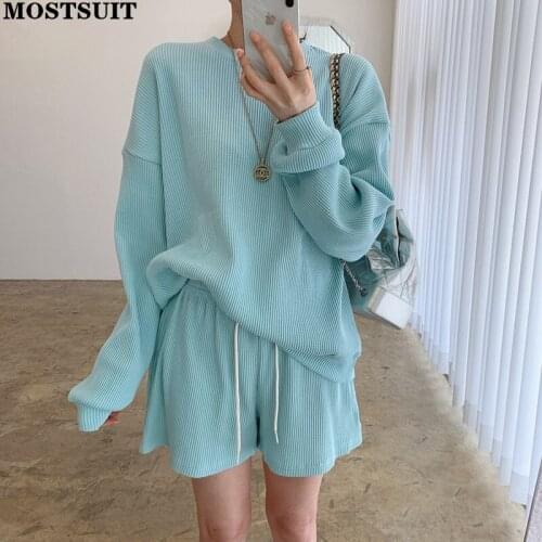 Candy Color Solid Loose Shorts Set Women Full Sleeve Sweatshirt & Elastic Waist Shorts Set Casual Fashion Female 2 Piece Set
