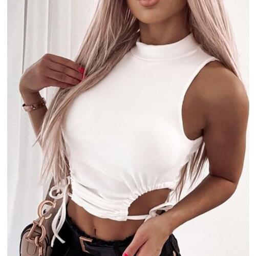 Women Rib Knit Tank Tops Ladies Sleeveless Mock Neck Solid Color Cut Out Lace Up Crop Tops