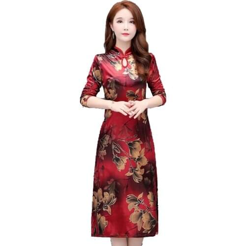 2019 New Autumn Women Dress Plus Size 5XL Female Cheongsam Slim Chinese Traditional Dress Women Print Wedding Party Dress