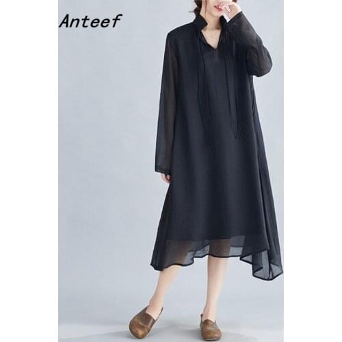 Anteef long sleeve plus size vintage dresses for women casual loose spring summer autumn dress elegant clothing 2021