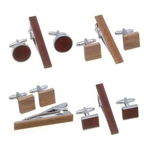 5sets/lot Wood Tie Clips Cufflinks Set Natural Wooden Inlaid Cuff Links Necktie Clip Tie Bar Pin Button Set Mens Jewelry