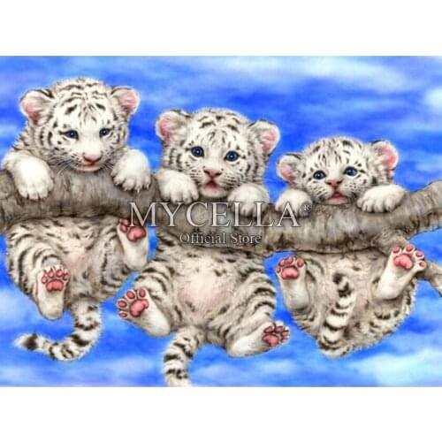 5D DIY Diamond Painting Three Little Tigers Diamond Embroidery Needlework Full Round Rhinestone Mosaic Animals Home Decor