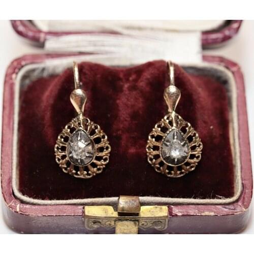 ANTIQUE 14K GOLD VICTORIAN NATURAL ROSE CUT DIAMOND DECORATED PRETTY EARRING