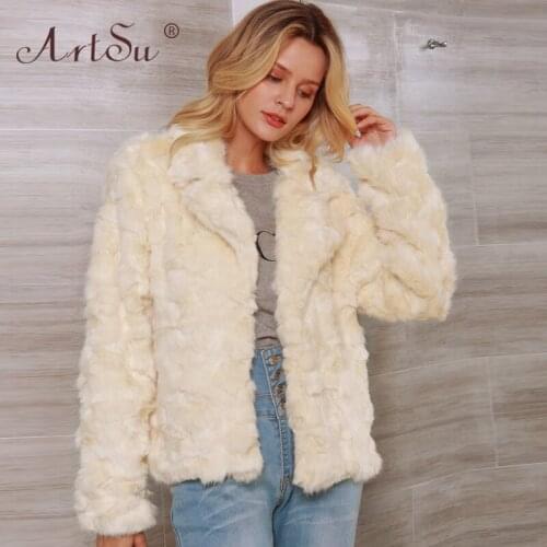 ArtSu Beige Turn-Down Collar Long Sleeve Casual Warm Overcoat Women Winter Plus Size Faux Fur Coat 2019 New Hairy Teddy Coat