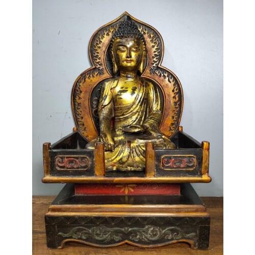19" Tibet Buddhism Temple Old lacquerware Buddhist altar bronze Gilt Shakyamuni Buddha Statue Amitabha Enshrine the Buddha