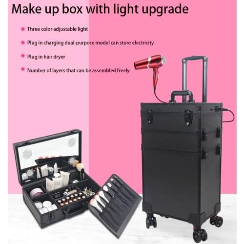 Professional Makeup CaseWith Lamp Rolling Wheels Travel Suitcase Cosmetic CaseOn Beauty Nail Tattoo Manicure Toolbox Trolley Box