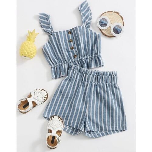 Citgeett Summer 2-7Y Kids Girls Clothes Suit Striped Square Collar Sleeveless Pullover+Short Pants Casual Outfit Set