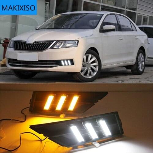 2Pcs DRL For Skoda Rapid 2018 With Yellow Turning Signal 12V Car DRL LED Daytime Running Light Fog Light