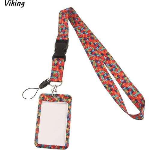 G1597 Cartoon Autism Awareness Jigsaw Puzzle Necklack Key Gym Multifunction Mobile Phone Lanyard With Card Holder Cover