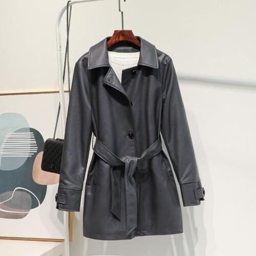 Mid-length Women Faux PU Leather Coats Female With Belt Dark gray Jacket Single Breasted Slim soft Leather Biker Jackets Female