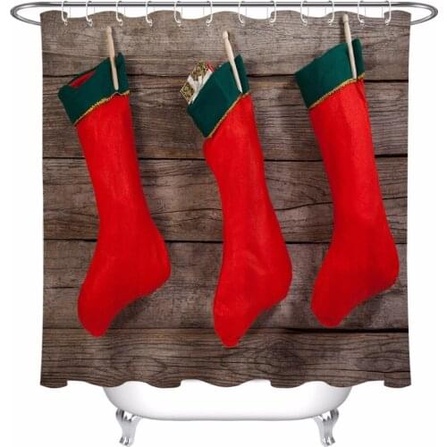 LB Xmas Socks Shower Curtain Rustic Vintage Wooden board Bathroom Waterproof Mildew Resistant Polyester Fabric for Bathtub Decor