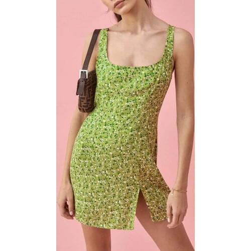 Summer Clothes For Women Floral Print Chiffon Casual Beach Dress Scoop Neck Sleeveless Tank Sexy Dress Side Split Mini Dress