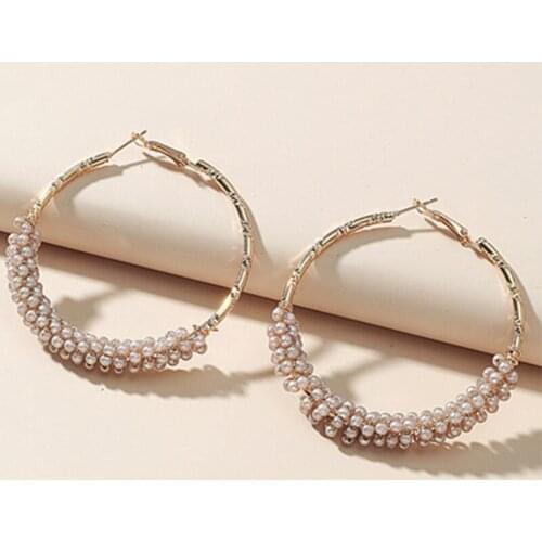 Statement Big Hoop Earrings Crystal Beads and Pearls Round Circle Earrings for Women Fashion Hoops Korean Jewelry Gifts