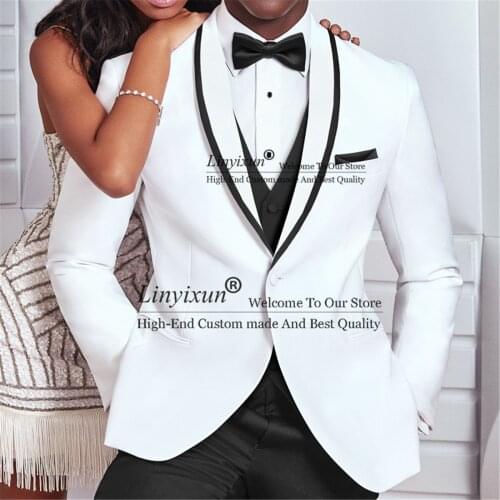 White and Black Wedding Tuxedo for Groom 3 Piece Slim Fit Men Suits Man Fashion Costume Jacket with Pants Vest New Arrival