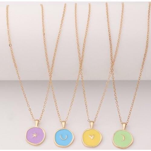 Fashion Metal Geometric Necklaces Womens Vintage Jelly Drops of Oil Stars Moon Alloy Pendant Necklaces Jewelry for Girls