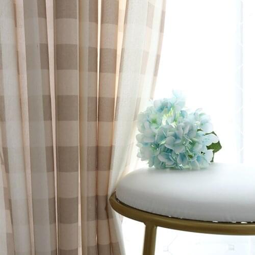 Pastoral Curtains Coffee Color Pink Plaid Polyester Cotton Printed Curtains for Living Dining Room Bedroom