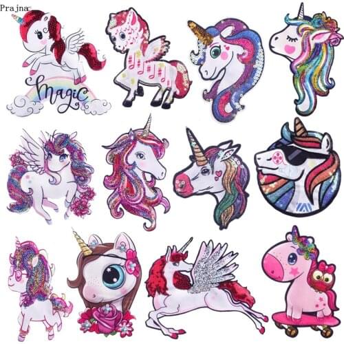 Prajna 16 Designs Kinds Of Unicorn Patches Sew On Sequined Patches For Clothing Applique Magic Rainbow Cartoon Patch For Clothes
