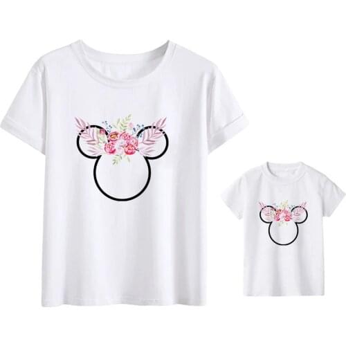 Flower Mickey Mouse Head Print T-shirt Family Look Funny Mama and Daughter Tops Children Tee Family Matching Clothes,Drop Ship