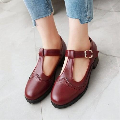 PXELENA Retro British T tied Chunky Low Heels Pumps Women Wingtip Fretwork Brogue Shoes Round Toe Casual Daily Black Beige Brown