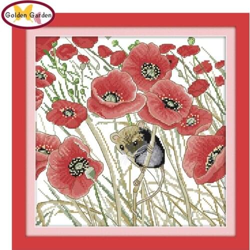 GG Poppy&Mouse Painting DIY Embroidery Crafts Hobby Chinese Cross Stitch Set Joy Sunday Counted Cross Stitch Kits for Home Decor