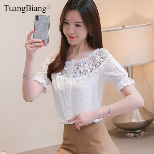 Summer Sexy Lace Patchwork Women Chiffon Shirt 2019 Short Sleeve Hollow Out Round Neck female Backless Blouse Ladies Autumn Tops