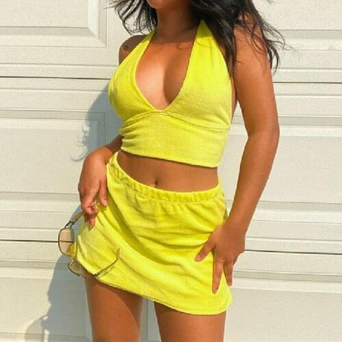 Womens Solid Color Outfits Sexy Wrapped Halter Cropped Tank Tops High Waist Slim Super Short Skirt Wild Summer Holiday Suit