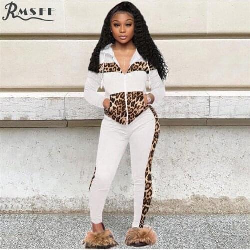 RMSFE 2021 Spring And Summer European And American Womens Long Sleeve Zipper Leopard Casual Fashion Hooded Sports Suit Set