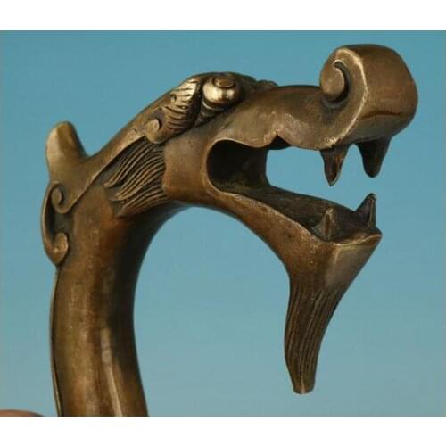 100% brass Pure Copper Brass Grandpa Good Lucky Chinese Old Handmade Carved Dragon Statue Cane Walking Stick Head Decorat