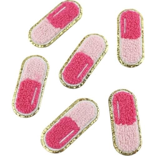 2021 New Arrival 3D Pink Rose Pills Chenille Embroidered Patches Iron on Embroidery Sewing On Glitter Edge Kids Cloth Stickerss