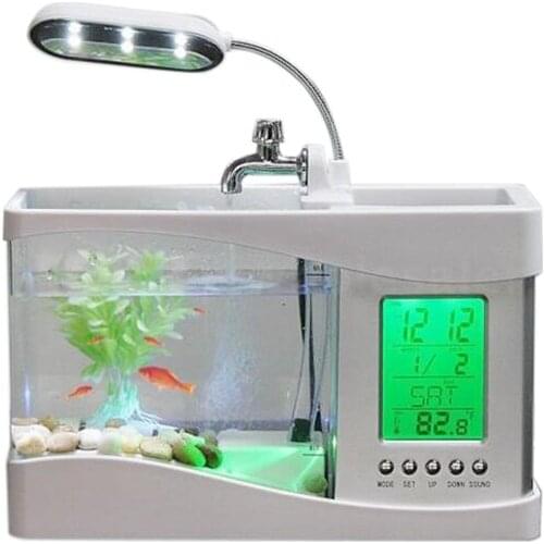 Home Aquarium Small Fish Tank USB LCD Desktop Lamp Light LED Clock White
