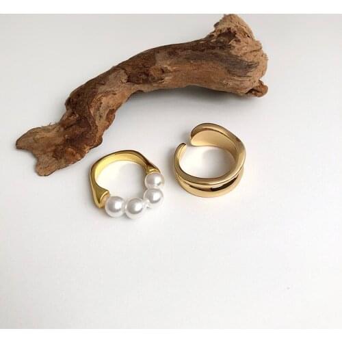 GSOLD Trendy Geometric Glossy Metal Texture Ring Temperament Imitation Pearl Small Exquisite Ring Set Women Daily Jewelry
