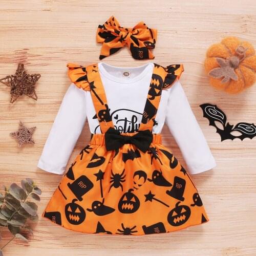3pcs Baby Girls Clothes Set Halloween Childrens Long Sleeve Letter Romper + Printed Strap Skirt + headband Outfit Set