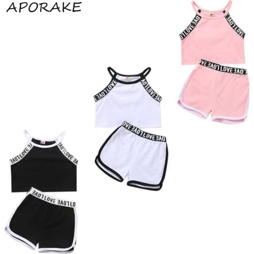 2021 0-6Y Casual Kids Baby Girl Clothes Set Letter Print Patch Straps Sleeveless Crop Top+Shorts Summer Cotton Outfits Tracksuit