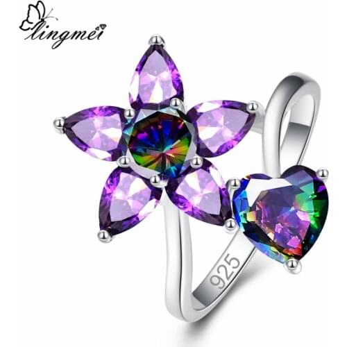 Lingmei Wholesale Wedding Bride Flower Jewelry Heart Cut Rainbow & Red & Purple & Blue Zircon Silver Color Ring Size 6 7 8 9