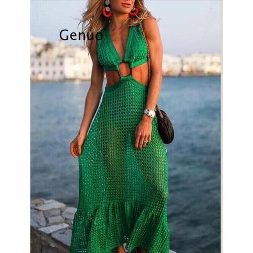 Fashion Womens Beach Bohemian Style mesh hollow out Sleeveless Halter See-through GREEN Maxi Long Sundress plus size