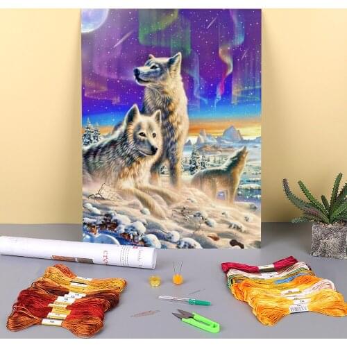 Animal Wolf Printed Fabric 11CT Cross Stitch Complete Kit Embroidery DMC Threads Sewing Handiwork Needlework Hobby Floss Gift