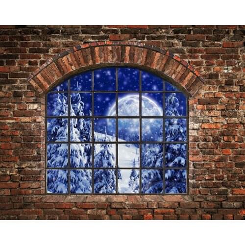 Night Winter Snow Tree Full Moon Old Red Brick Wall Windows background High quality Computer print party backdrops