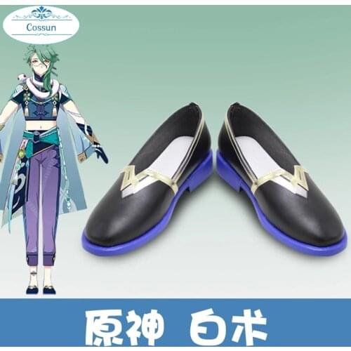 Genshin Impact BAIZHU Cosplay Shoes Bai Shu Wig Removable Bun Baishu Green Long Straight Braided Ponytail Heat Resistant Hair