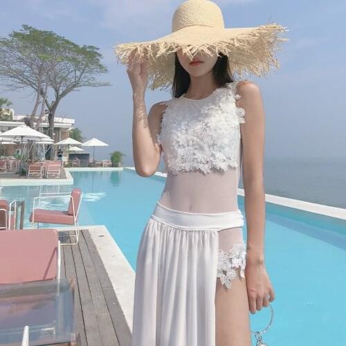 Sexy One Piece Swim Suit Swimsuit Women 2021 Full Plavky White Dress Beach Female Three Flowers Two Swimwear Floral Polyester
