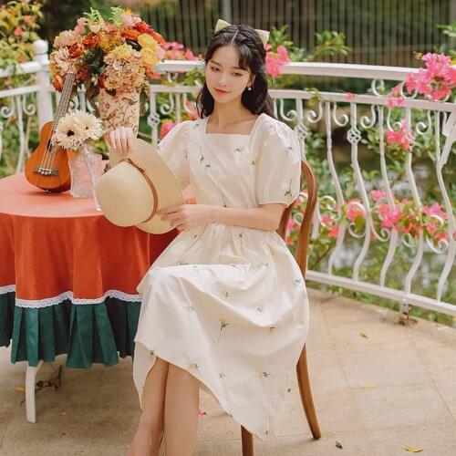Summer Dress Korean Sweet Loose Dresses Women 2021 Chic Elegant Square Neck Embroidery Puff Sleeve Mid-length Vestidos Female