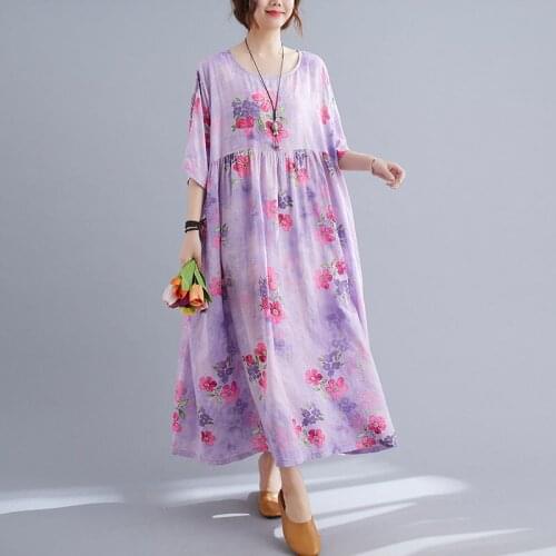 Women Summer Dress Vintage A-Line Floral Print Cotton Linen Female Dress Robe Oversize Korean Sweet One Piece Lady Vestido 100KG