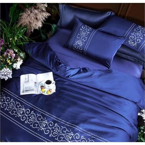 Blue Imitated Silk Embroidered Satin Bedclothes Bed Sheet Set Cotton King Queen Size 4pcs Solid Bedding Duvet Cover Pillowcases