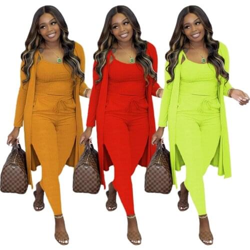 Casual Solid Knitted Rib 3 Piece Outfits Elegant Streetwear Long Sleeve Coat Sling Crop Top Drawstring Pants Slim Matching Set