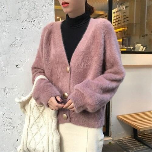 Casual Oversized Warm Knitted Cardigan Coat Women Mink Cashmere Sweater Autumn Winter 2021 Long Sleeve Short V Neck Kniwear