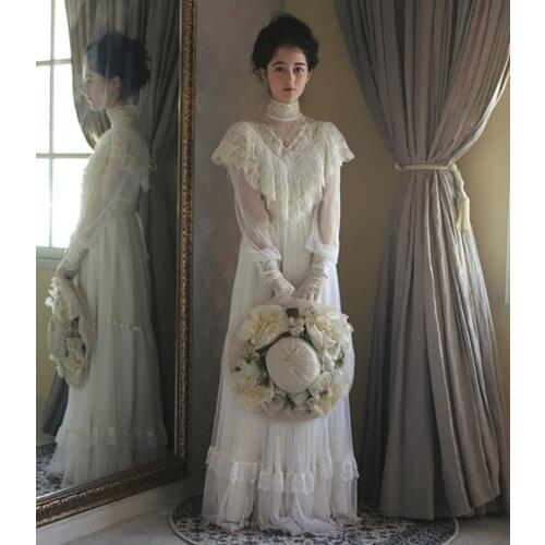 Shwaepepty Vintage Ivory Country Wedding Dress A-Line 2021 Full Sleeve High Neck Floor Length Tulle Formal Bridal Gowns Cheap