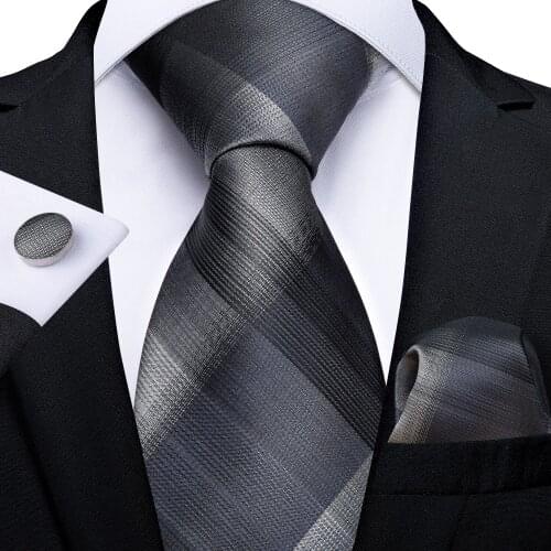 SJT-7232 DiBanGu Luxury Black White Solid Ties for Men 100% Silk Necktie Hanky Cufflinks Mens Ties Business Wedding Tie Set