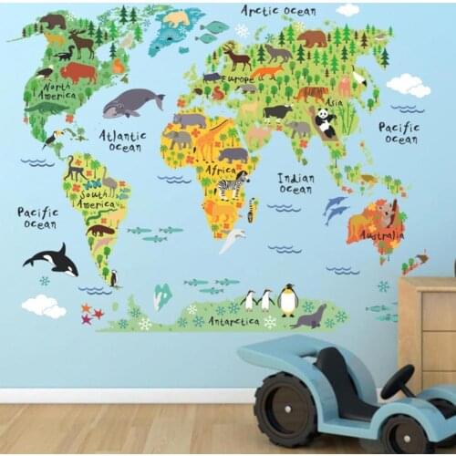 Animal World Map Vinyl Wall Sticker For Kids Room Home Decor 3D Decals Creative Pegatinas De Pared Living Room Stickers