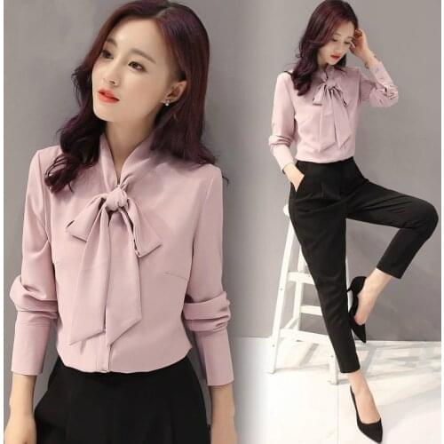 Spring Fall Office Ladys Women Long Sleeve White Chiffon Blouse Top Shirt With Bow Collar , 2019 Womens Clothes Blouses And Tops