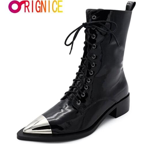 Orignice Hot Sale Women Ankle Boots Natural Leather Upper Autumn Pointed Metal Cover Toe Thick Heel Fashion Classic Europe Shoes